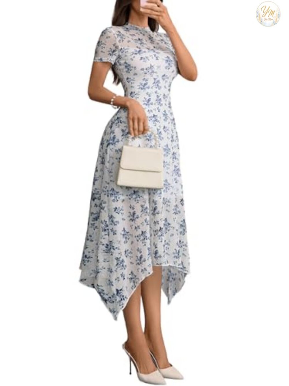 Women's Floral Mesh Midi Dress A-Line Short Sleeve Wedding Guest
